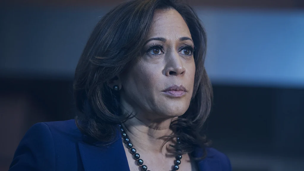 Vice President Kamala Harris looks into the distance with a serious expression