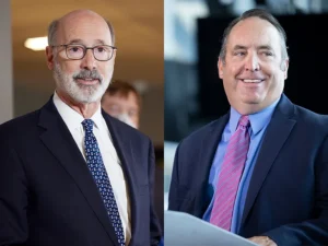 Tom Wolf and Doug Mastriano side-by-side representing partisan politics