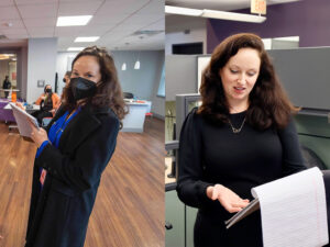 Two side-by side photos of Allison Steele. One where she's wearing a mask and another where she's reading something in a notebook