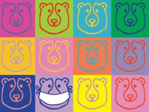 Twelve multi-colored bears in a collage