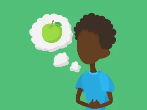 An illustrated graphic representing hunger. A child thinks about an apple while holding their stomach