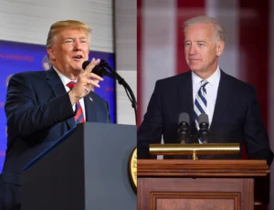 Donald Trump and Joe Biden speaking at podiums