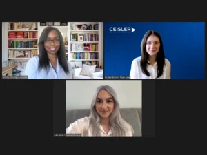 Three Ceisler Media employees, Sharky Thomas, Krystal Bonner and Julia Wolf, working remotely in a meeting