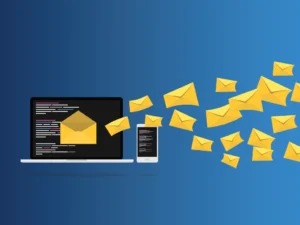 Illustration of letters flying out of a laptop, representing emails