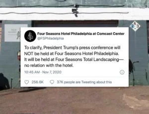 Tweet from Four Seasons Hotel Philadelphia at Comcast Center clarifying location at landscaping venue