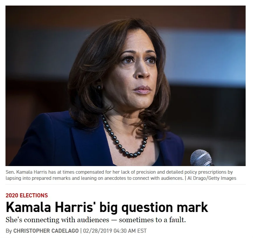 News article about Kamala Harris with a photo of her looking seriously into the distance.