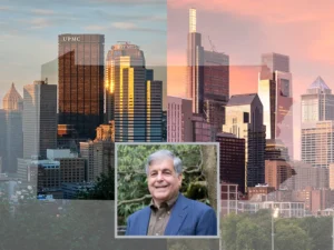 Larry Ceisler photo on top of a Philadelphia skyline photo