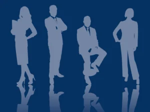 Silhouettes of professionals on a dark blue background