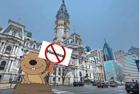 The Philadelphia courthouse with a groundhog holding a sign to represent standing against violence