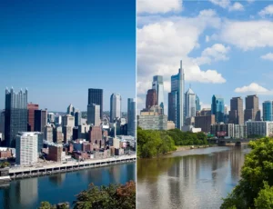 Pittsburgh and Philadelphia skylines side-by-side