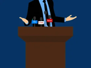 An illustrated man in a suit speaks at a podium with news microphones