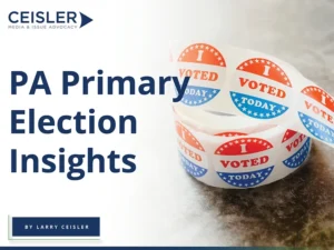 PA Primary Election Insights typed over a roll of I Voted stickers