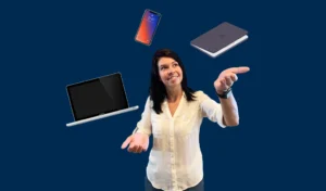 Shannon Wink juggles a notebook, phone and laptop to represent the struggles of remote onboarding for employees