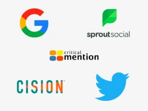 A collage of logos: Google, Sprout Social, Critical Mention, Cision and Twitter