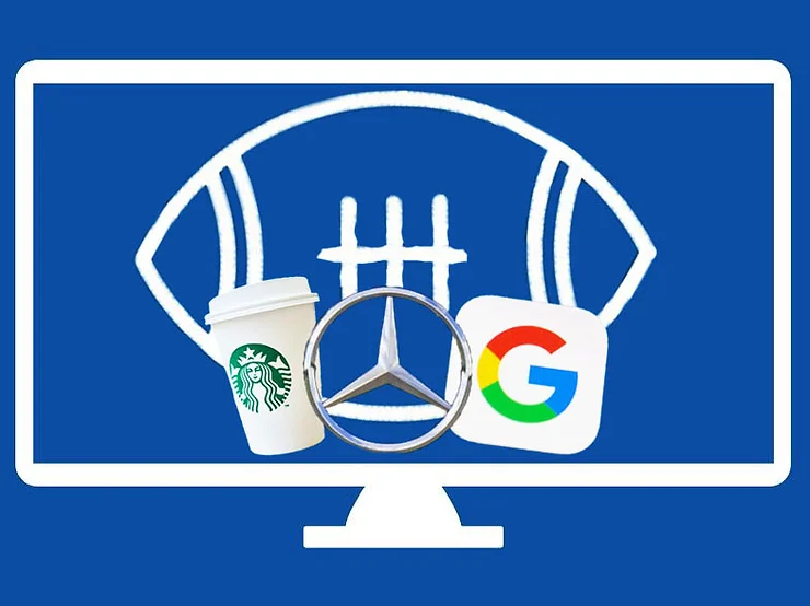 Illustration of a computer screen with a football, Starbucks cup, Mercedes logo and Google icon