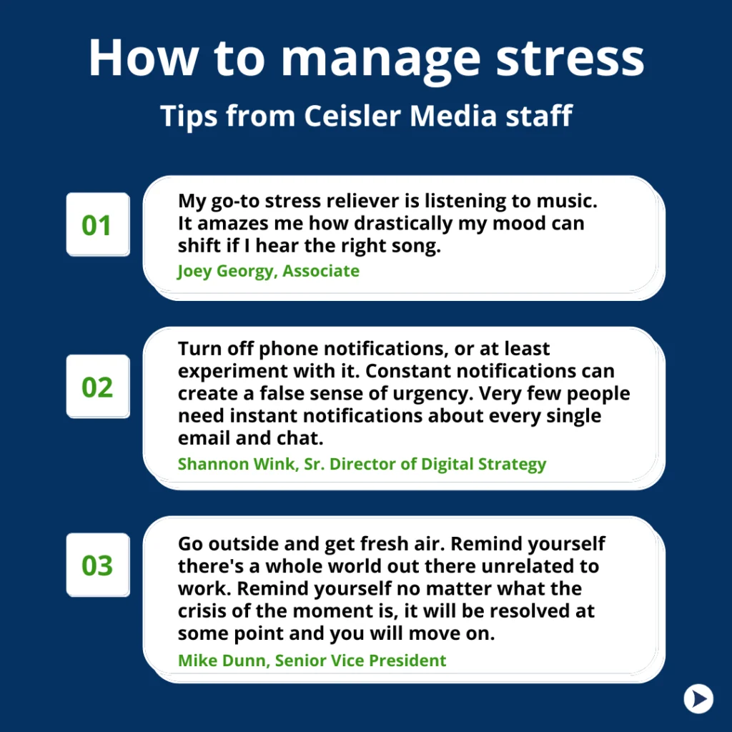 Tips on managing stress relief from Ceisler Media staff Joey Georgy, Shannon Wink and Mike Dunn