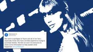 Taylor Swift photo with a Ticketmaster Tweet apologizing for the ticket purchasing experience in 2023