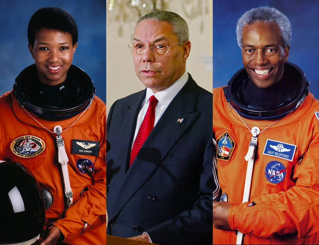 A trio of diverse professionals, two wearing NASA uniforms and one in a suit