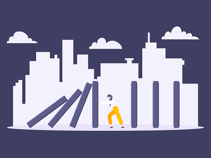 Illustrated woman stopping blocks from falling in front of a city skyline