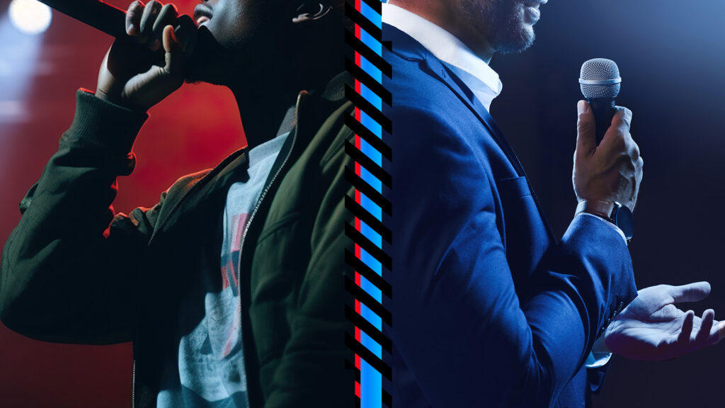The left side of the graphic features a musical artist with a microphone up to his mouth, with a red background. The right side of the photo shows a communications professional wearing a blazer and hold a microphone with a dark background.