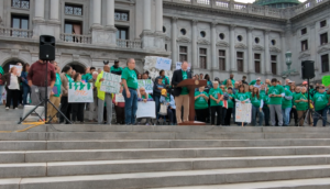 Group of allies standing on the Harrisburg Capitol steps for RCPA's March on Harrisburg in support of mental health funding.
