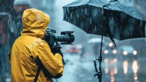 News reporter stands in the rain with a camera, wearing a yellow rain coat.